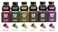 Zestaw sześciu kolorów atramentów Platinum Classic Ink: Cassis, Forest, Citrus, Khaki, Sepia i Lavender Black wraz z próbkami pisma