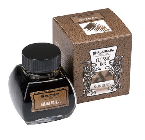 Atrament żelazowo-galusowy Platinum Classic Ink Khaki Black 60 ml w szklanym flakonie ze zbiorniczkiem.