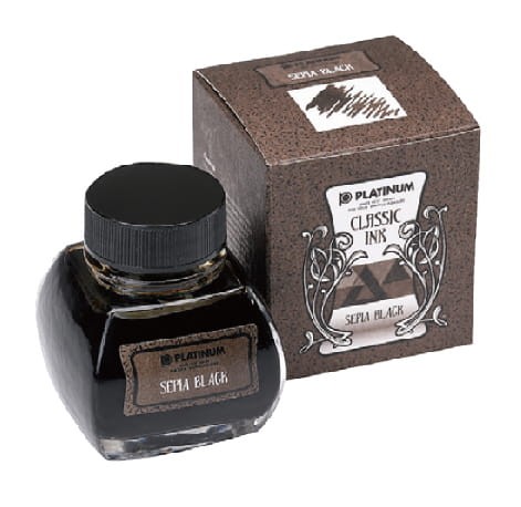 Tradycyjny atrament żelazowo-galusowy Platinum Classic Ink Sepia Black 60 ml w butelce ze zbiorniczkiem.