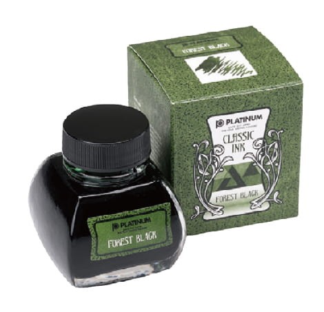 Atrament żelazowo-galusowy Platinum Classic Ink Forest Black 60 ml w szklanej butelce ze zbiorniczkiem.