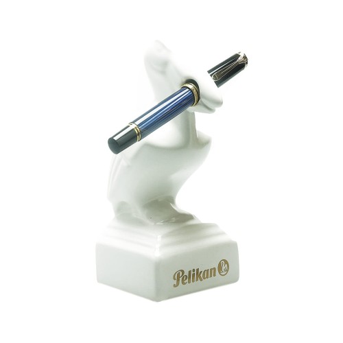 Duza-biala-ceramiczna-statuetka-Pelikan-17cm-zlote-logo-podstawka-ekspozytor-na-pioro-wieczne