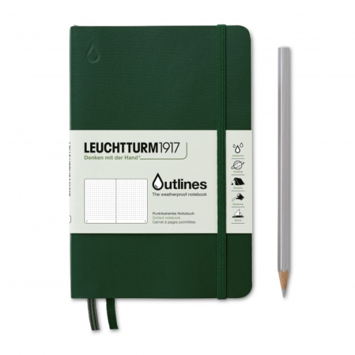 Ciemnozielony wodoodporny notatnik Leuchtturm1917 Outlines B6+ w kropki z elastyczną oprawą Flexcover.