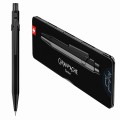 Matowy czarny ołówek automatyczny Caran d’Ache 844 Black Code obok czarnego metalowego etui Slimpack.