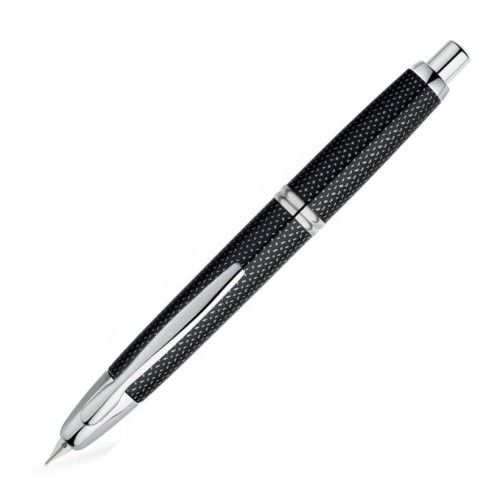 Pióro wieczne Pilot Capless Carbonesque Black – czarny wzór plecionki ze srebrnymi detalami.