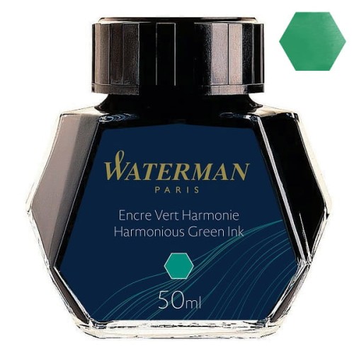 Atrament WATERMAN zielony 50ml z próbką koloru.
