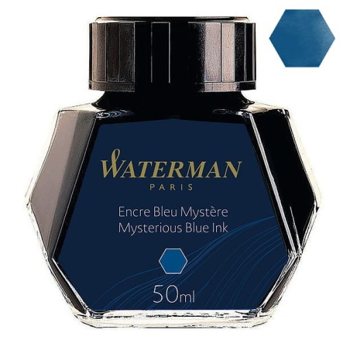 Atrament WATERMAN Niebiesko-czarny 50ml z próbką koloru.