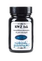 Szklany flakon 60 ml atramentu KWZ Ink niebieskiego galusowego nr 5 z niebieską etykietą i próbką koloru.