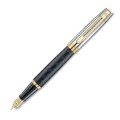 Eleganckie pióro wieczne Sheaffer 300 Czarny Mat GT ze złotą stalówką i złotymi wykończeniami na tle etui.