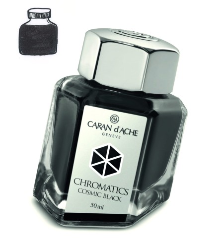 Atrament CARAN d'ACHE Cosmic Black 50ml  z próbką koloru.