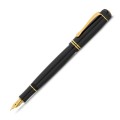 Czarne pióro wieczne Kaweco DIA2 Gold z polerowanego akrylu ze złotym klipem i zakręcaną skuwką w metalowym pudełku.