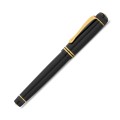 Czarne pióro wieczne Kaweco DIA2 Gold z polerowanego akrylu ze złotym klipem i zakręcaną skuwką w metalowym pudełku.