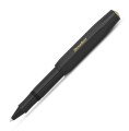 Czarne pióro kulkowe Kaweco Classic Sport Black ze złotymi detalami, rozłożone z nałożoną skuwką na tył korpusu.