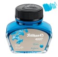 Szklany flakonik atramentu Pelikan 4001 w kolorze turkusowym (Turquoise) o pojemności 30 ml z czarną zakrętką.