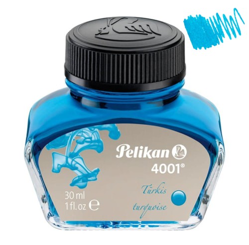 Szklany flakonik atramentu Pelikan 4001 w kolorze turkusowym (Turquoise) o pojemności 30 ml z czarną zakrętką.
