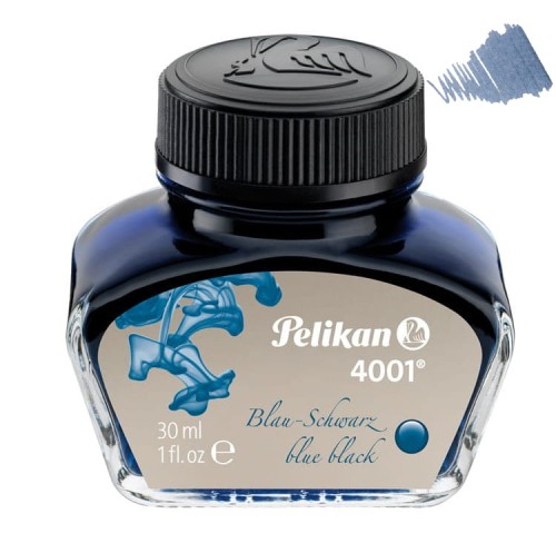 Szklany flakon atramentu Pelikan 4001 Blue-Black 30 ml z czarną zakrętką i próbką granatowo-czarnego koloru.