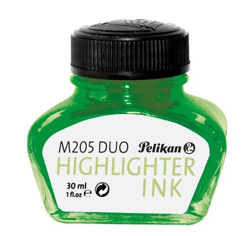 Szklany flakon neonowozielonego atramentu Pelikan M205 DUO Highlighter Ink 30 ml z czarną zakrętką.