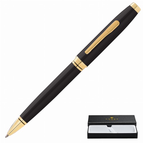 Elegancki długopis Cross Coventry czarny GT z detalami ze złota obok otwartego etui prezentowego.