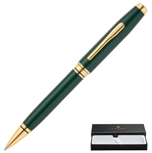 Długopis Cross Coventry w kolorze ciemnozielonym ze złotą skuwką i klipem, prezentowany obok czarnego pudełka