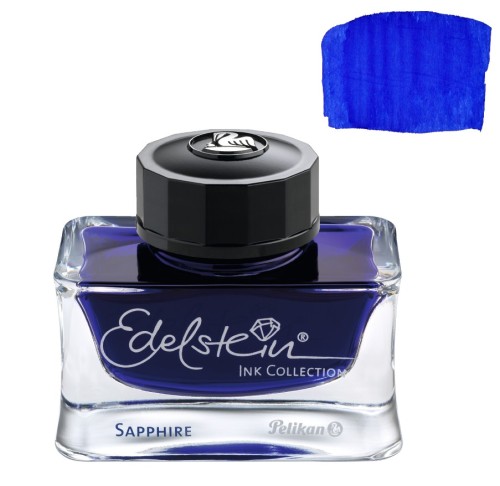 Atrament Pelikan Edelstein Sapphire 50 ml flakon z czarna zakretka z logo i szafirowa probka koloru