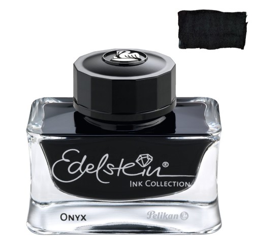 Atrament Pelikan Edelstein Onyx 50 ml flakon z czarna zakretka z logo i probka koloru