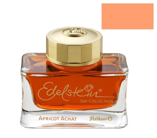 Atrament Pelikan Edelstein Apricot Achat 50 ml flakon ze zlota zakretka z logo i probka morelowego koloru