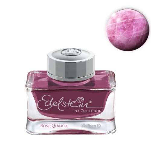 Atrament Pelikan Edelstein Rose Quartz 50 ml flakon ze srebrna zakretka z logo i grafika kwarcu rozowego