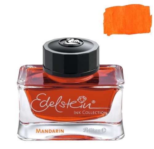 Atrament Pelikan Edelstein Mandarin 50 ml flakon z logo i pomarańczowa próbka koloru