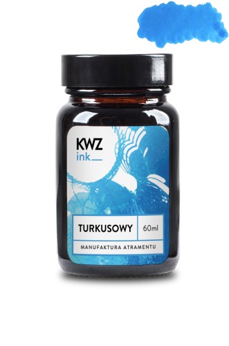Szklany flakon atramentu KWZ Ink turkusowy o pojemności 60 ml z nasyconą, turkusową próbką koloru na etykiecie