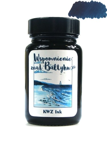 Flakon atramentu KWZ Ink Wspomnienie znad Bałtyku 60 ml z ciemnoniebieską etykietą i próbką morskiego koloru.