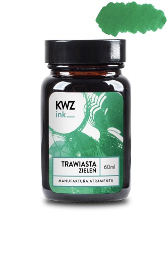 Flakon atramentu KWZ Ink zieleń trawiasta 60 ml z jasnozieloną etykietą i próbką koloru na białym tle.