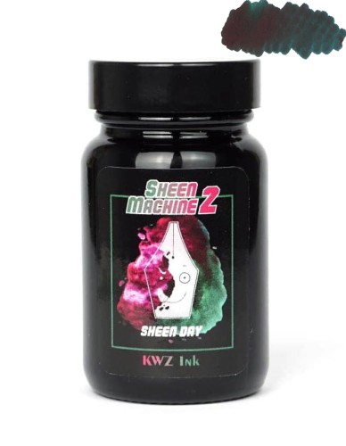Zielony atrament KWZ Ink Sheen Machine 2 Sheen Day 60 ml z wyraźnym czerwono-różowym połyskiem na wzorniku.
