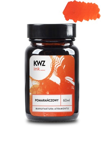Szklany flakon atramentu KWZ Ink pomarańczowy o pojemności 60 ml z jaskrawą, pomarańczową próbką koloru na etykiecie.