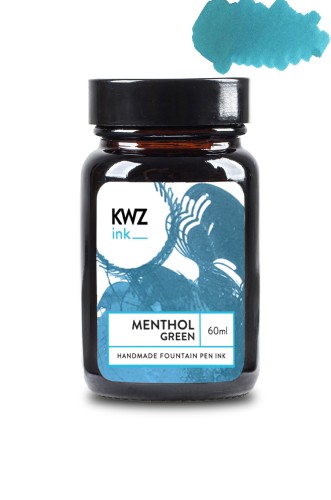 Szklana butelka atramentu KWZ Ink zieleń mentolowa 60 ml z zieloną etykietą i próbką jasnego, mentolowego koloru.