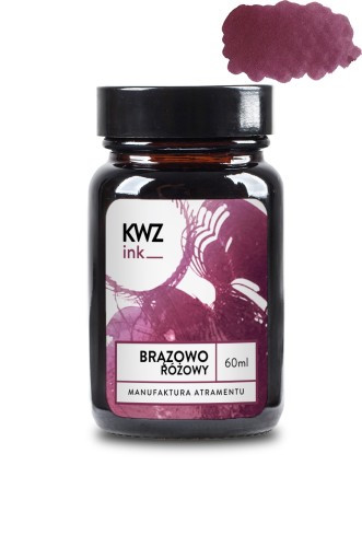 Szklany kałamarz  atramentu KWZ Ink brązowo-różowy 60 ml z próbką koloru.
