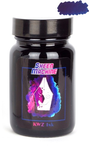 Szklany flakon atramentu KWZ Ink Sheen Machine 60 ml z niebiesko-czerwoną próbką koloru na etykiecie.