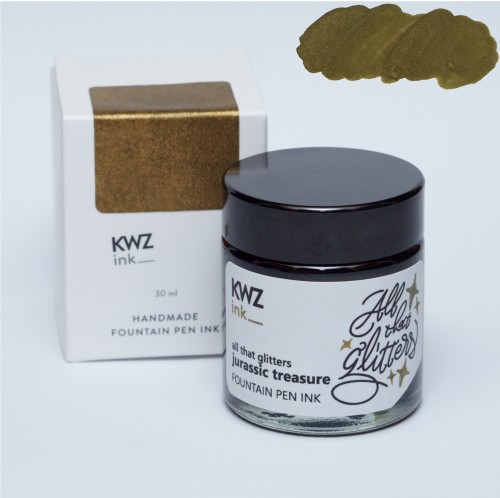 Złoty atrament KWZ Ink All That Glitters Jurassic Treasure w szklanej butelce 30 ml z mieniącymi się złotymi drobinkami.