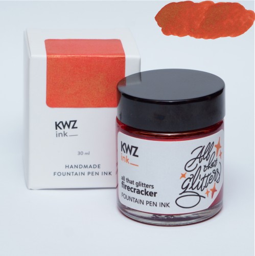 Czerwony atrament KWZ Ink All That Glitters Firecracker 30 ml w szklanej butelce z widocznymi złotymi drobinkami.