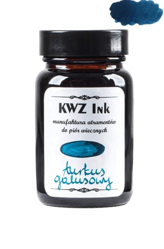 Szklany flakon 60 ml atramentu KWZ Ink turkusowego galusowego z niebiesko-zieloną etykietą i wzornikiem koloru.