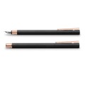 Smukłe pióro wieczne Faber-Castell Neo Slim w kolorze czarny mat z detalami z różowego złota i metalową skuwką.
