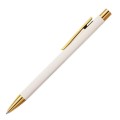 Smukły kremowy długopis Faber-Castell Neo Slim Marshmallow ze złotym klipsem i wykończeniami.