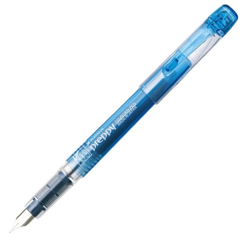Pióro wieczne PLATINUM PREPPY F 0,3mm niebieskie otwarte z widoczną stalówką.