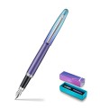 Pióro wieczne SHEAFFER VFM EXPRESSIONS perłowo-niebieski PVD z miniaturą pudełka prezentowego w dolnym rogu.