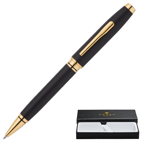 Długopis Cross Coventry czarny mat ze złotą skuwką i klipem obok otwartego etui prezentowego