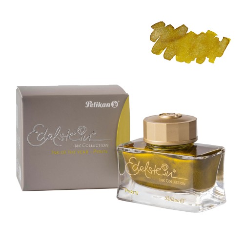 Atrament Pelikan Edelstein Pyrite 50 ml w szklanym flakonie obok eleganckiego szarego pudełka z napisem Ink of the Year 2026.
