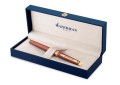 Miedziane pióro wieczne Waterman Hemisphere Copper Red GT w otwartym granatowym pudełku prezentowym.