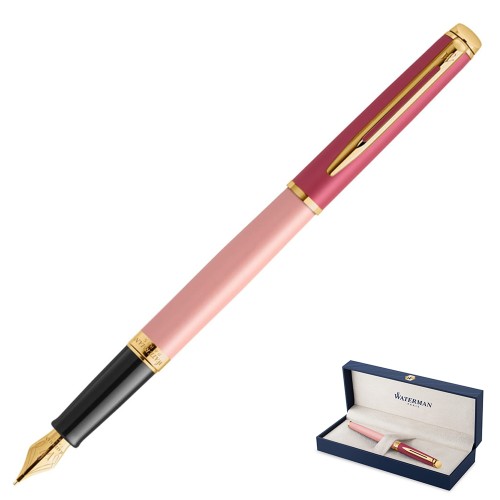 Różowe pióro wieczne Waterman Hemisphere Color Block Pink GT (różowy ze złotem) na białym tle.