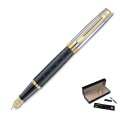 Eleganckie pióro wieczne Sheaffer 300 Czarny Mat GT ze złotą stalówką i złotymi wykończeniami na tle etui.