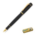 Czarne pióro wieczne Kaweco DIA2 Gold z polerowanego akrylu ze złotym klipem i zakręcaną skuwką w metalowym pudełku.