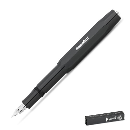Czarno-srebrne pióro wieczne Kaweco Skyline Black z zakręcaną skuwką i charakterystycznym ośmiokątnym korpusem.
