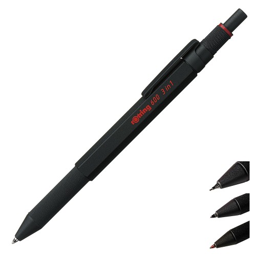 Multipen ROTRING 600 3w1 czarny 0,5 z widocznymi końcówkami wkładów.